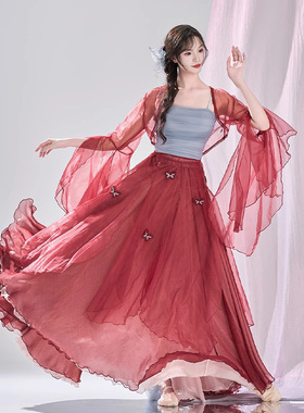 古典舞服女红色纱衣新中式飘逸大裙摆中国风舞蹈服仙气练功服新款