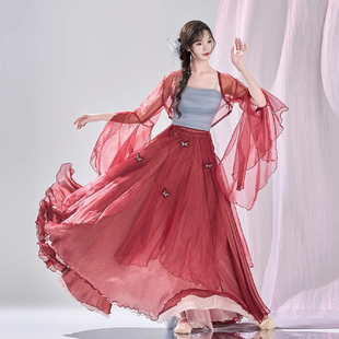 古典舞服女红色纱衣新中式 飘逸大裙摆中国风舞蹈服仙气练功服新款