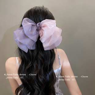 设计感 拼接高级感蝴蝶结头饰夹子头饰高颅顶紫色网纱弹簧夹发夹