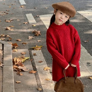 女童中长款毛衣裙冬装儿童红色加厚针织裙宝宝内搭外穿宽松毛线衣