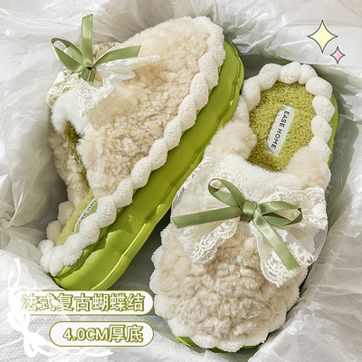 蝴蝶结拖鞋女款2025新款秋冬季外穿时尚网红厚底保暖加绒加厚棉拖