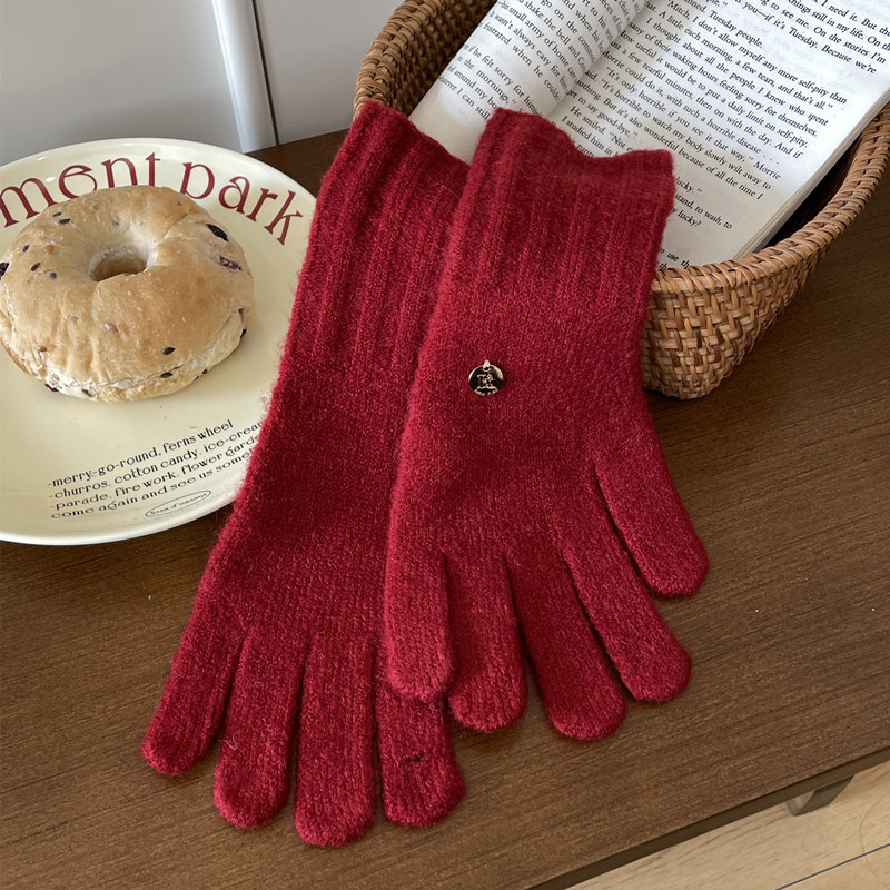 纯色针织手套女冬季防风骑车保暖防寒护手五指分指学生骑行手套潮