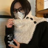 韩国ins毛绒绒围脖女冬季 加厚保暖百搭显白纽扣围巾护颈脖套披肩