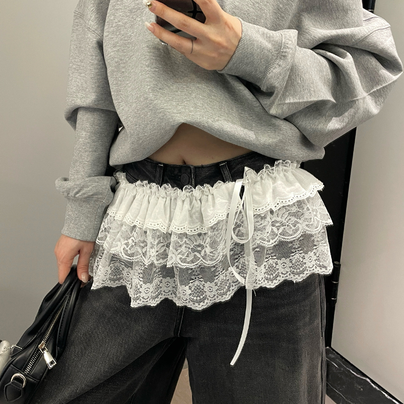蕾丝屁帘女2025春新款蛋糕裙帘花边叠穿下摆黑色罩裙腰带屁帘腰封