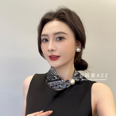 新款磁吸扣丝巾2025高级感系脖子腰果花装饰领巾时尚百搭珍珠项链