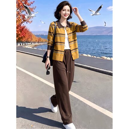 素雅订制女装原创品牌2026秋季时尚条纹针织开衫松紧腰休闲裤套装