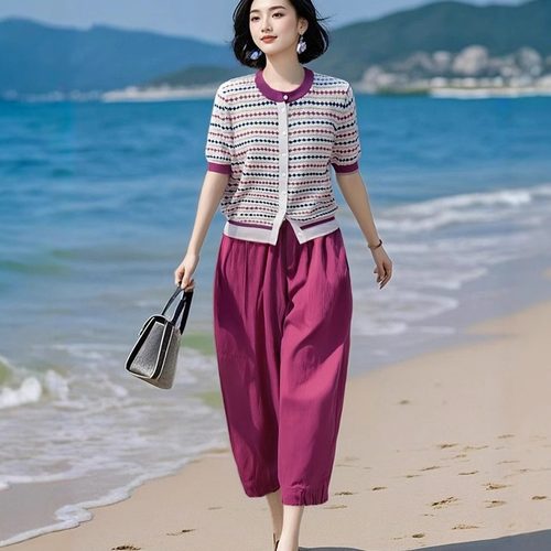 素雅订制女装原创品牌新款冰丝针织开衫松紧腰哈伦裤减龄两件套装