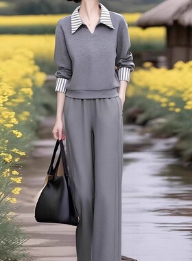 素雅订制女装原创品牌灰色翻领拼接卫衣松紧腰卫裤休闲运动两件套