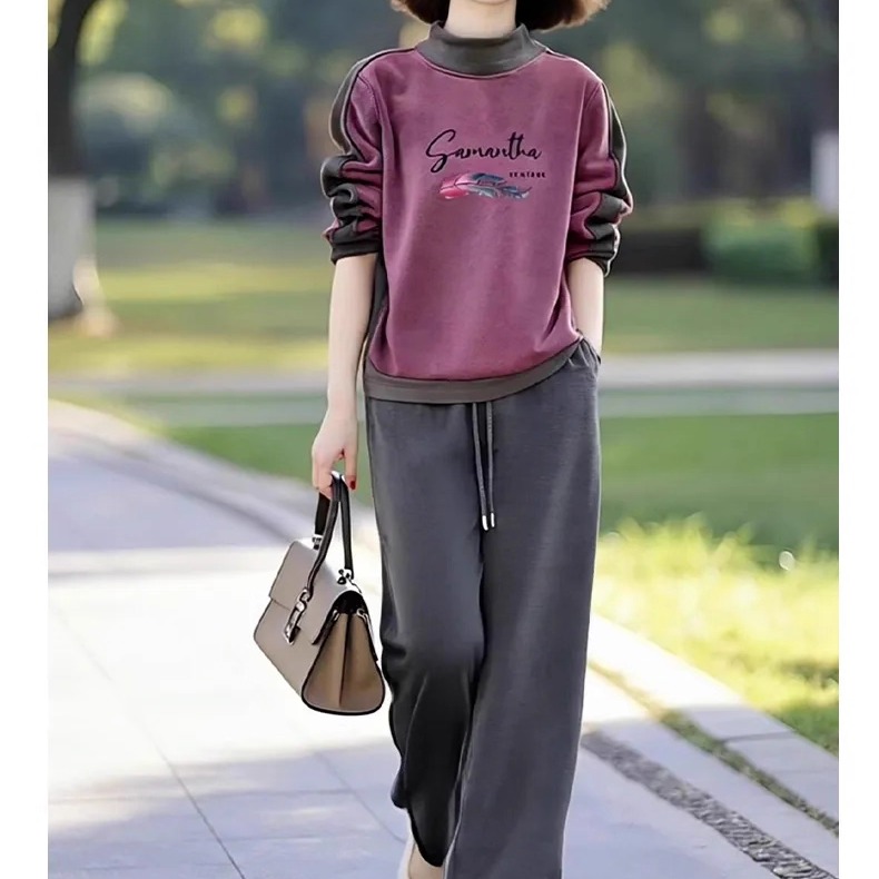 素雅订制女装原创品牌秋冬新款撞色半高领加厚卫衣休闲直筒裤套装