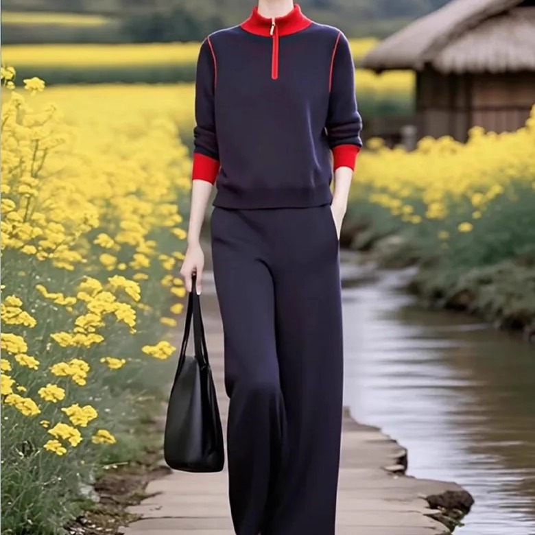素雅订制女装原创品牌2025秋季新款时尚撞色针织衫直筒阔腿裤套装
