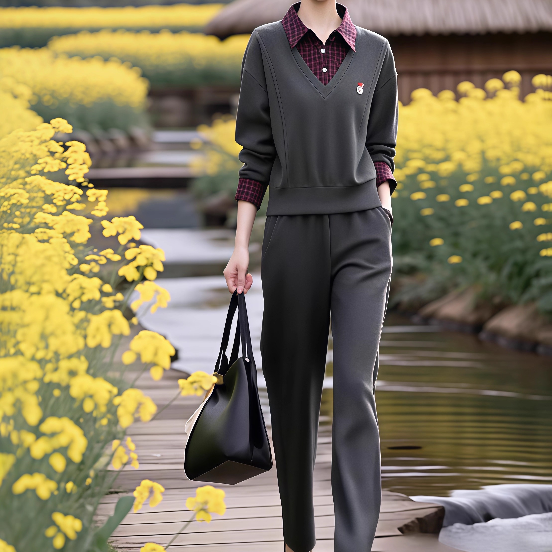 素雅订制女装原创品牌2025秋冬新款时尚假两件上衣气质休闲裤套装