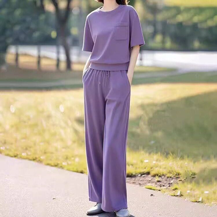 素雅订制女装原创品牌夏季新款短袖休闲紫色运动宽松显瘦减龄套装