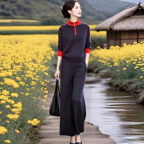 素雅订制女装原创品牌时间休闲撞色针织衫+直筒阔腿裤两件套套装