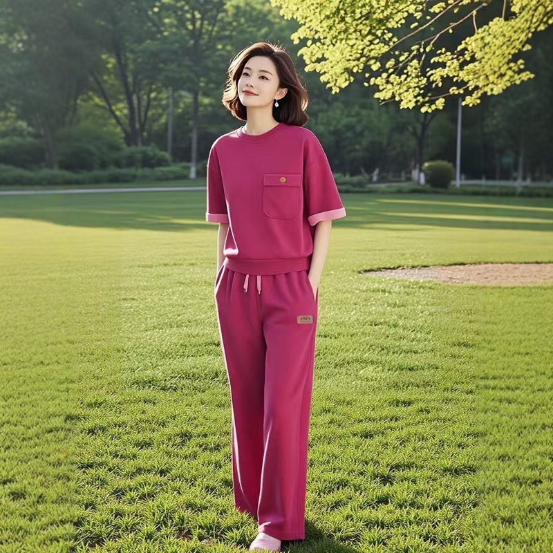 素雅订制女装原创品牌旗舰店休闲圆领撞色玫红色显白休闲两件套装