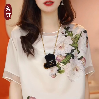 素订女装原创品牌旗舰店2024新款短袖雪纺t恤女气质印花小衫上衣