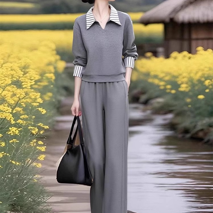 素雅订制女装原创品牌秋冬新款灰色拼接卫衣松紧腰休闲运动两件套