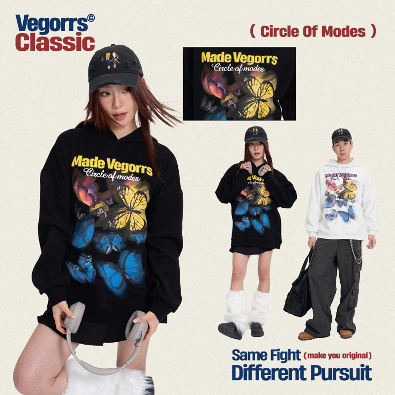vegorrs男装新款圆领美式复古连帽卫衣蝴蝶卫衣男士感女w9069