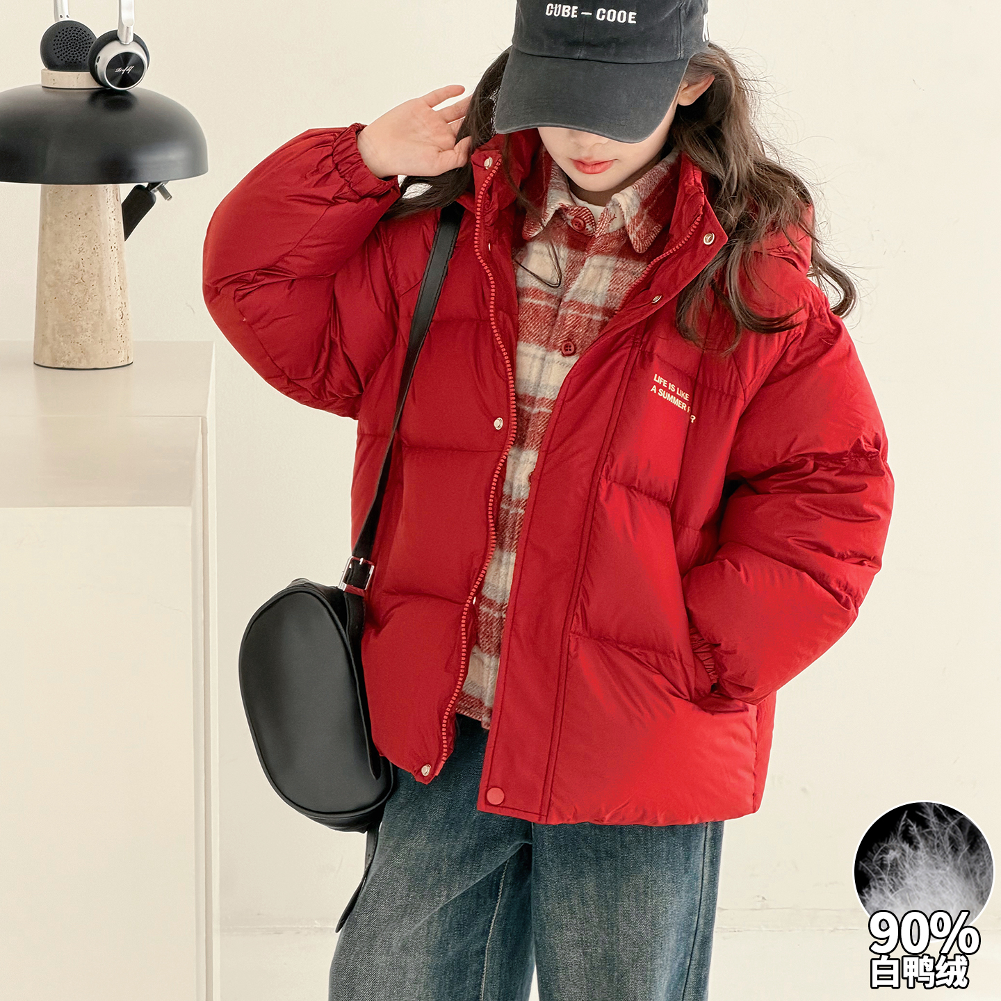 女童假两件红色羽绒服保暖外套