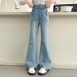 女童牛仔裤春季2025新款洋气儿童时尚烫钻裤子中大童春秋微喇叭裤