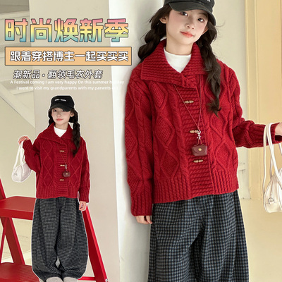 女童红色毛衣开衫2025新款