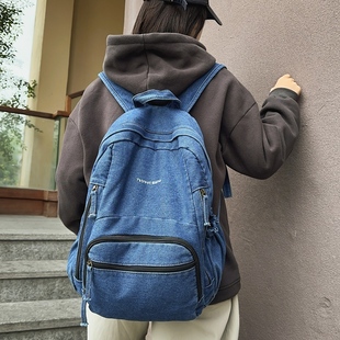 牛仔双肩包女2025新款大容量韩版旅行背包初高中大学生纯色书包男