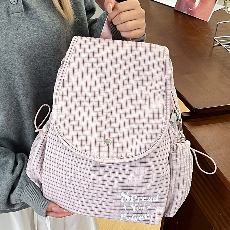 小清新格子双肩包女大容量简约图片