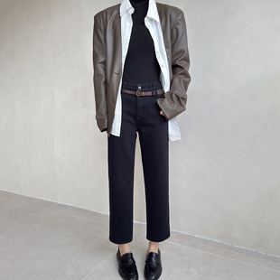 12平方88862Z黑灰色植绒小直筒牛仔裤女修身弹力巨显瘦九分烟管裤