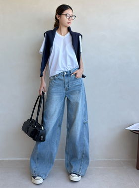 町秀06612蓝拼接设计直筒阔腿牛仔裤女立体剪裁氛围感显瘦拖地裤