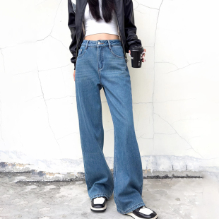 町秀8653z蓝色加绒直筒牛仔裤女2024冬季新款宽松显瘦阔腿长裤潮