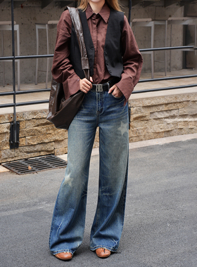 十二平方87066复古做旧阔腿牛仔裤女2025早秋无弹时髦宽松拖地裤