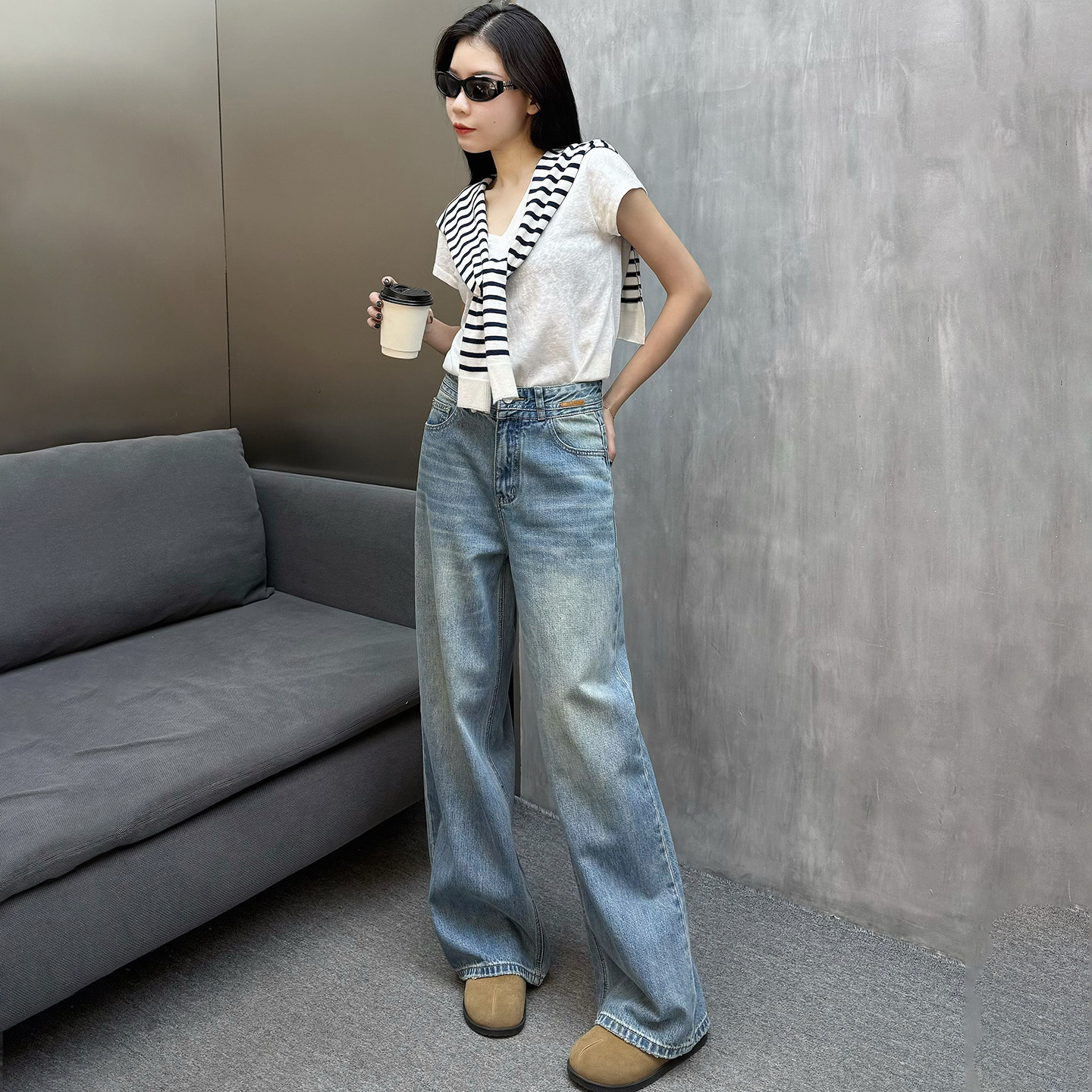 炫吾复古蓝高腰宽松阔腿牛仔裤女2025早秋小个子显瘦显高拖地长裤