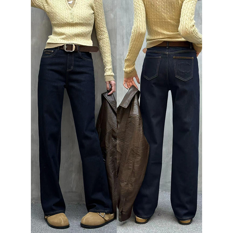 炫吾77177z普洗蓝加绒弹力直筒裤女2024冬季羊绒底休闲牛仔裤潮