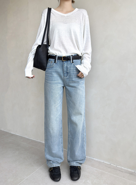 12平方87182浅蓝色底抓绒窄版阔腿牛仔裤女小个子显瘦显高直筒裤