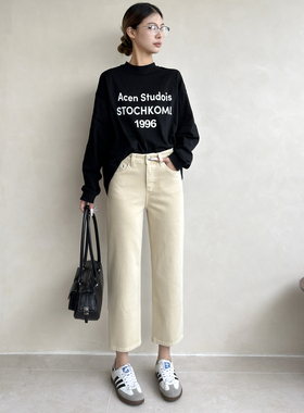 十二平方88065香蕉色弹力小直筒烟管裤女新显瘦显腿直九分烟管裤