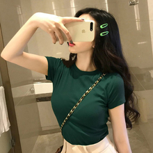 马来西亚墨绿色短袖T恤女夏季新款纯欲辣妹正肩紧身显瘦短袖上衣