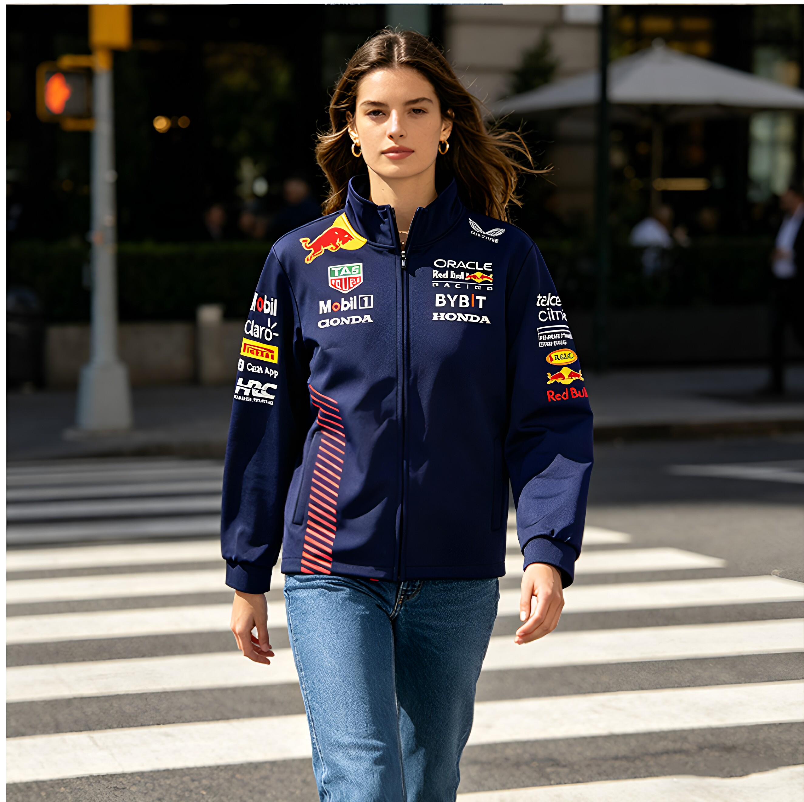 F1红牛车队情侣夹克赛车服防风外套男女连帽刺绣运动机车骑行服女