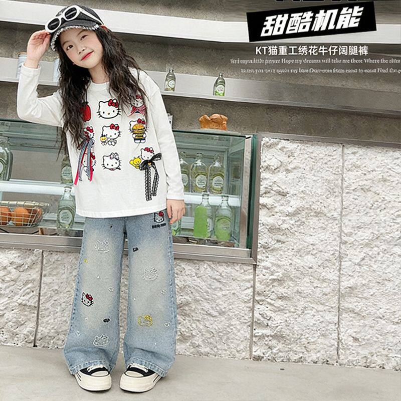 女童卡通2件套夏季短袖T恤休闲阔腿裤刺绣牛仔裤儿童洋气休闲套装