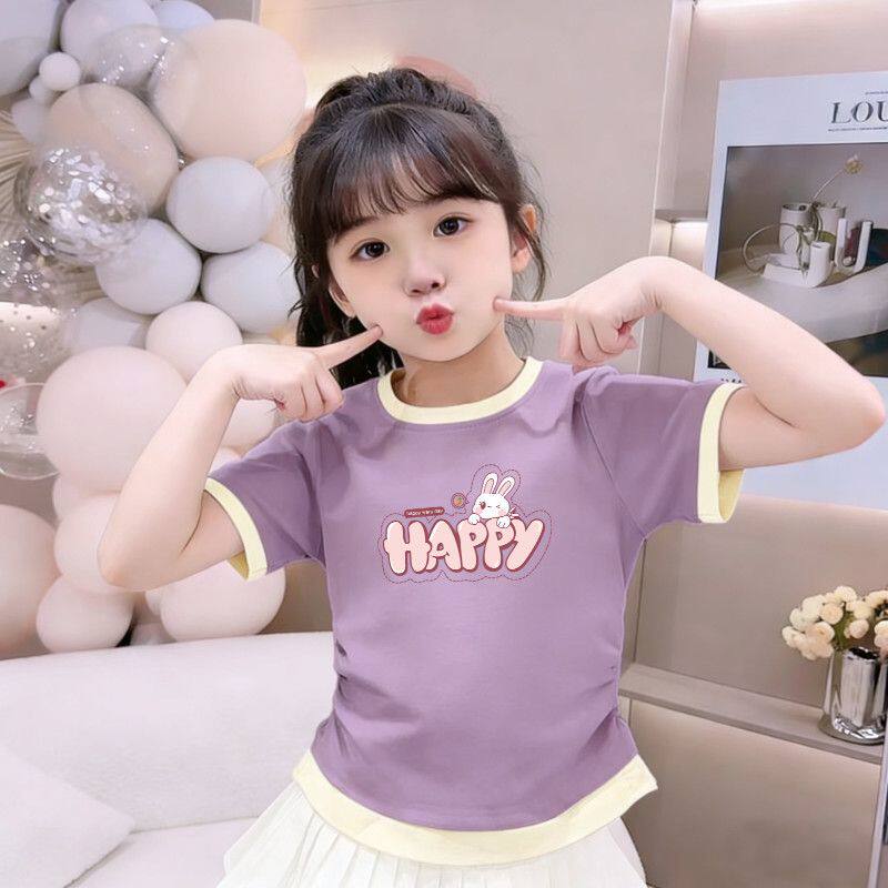 2026夏季新款女童短袖t恤圆领韩版卡通印花插色修身显瘦儿童上衣