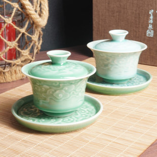 龙泉云间青瓷手工刻花祥云盖碗大号陶瓷祥云三才泡茶碗敬茶杯
