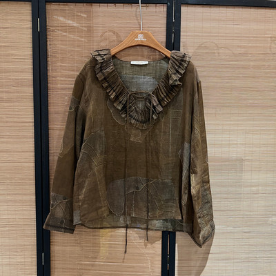欧洲站2026秋V领荷叶边女衬衫