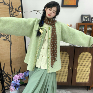 汉元 麦浪呢圆领对襟短袄立领弓袋袖 素秋冬汉服 青苹果 十里七巷