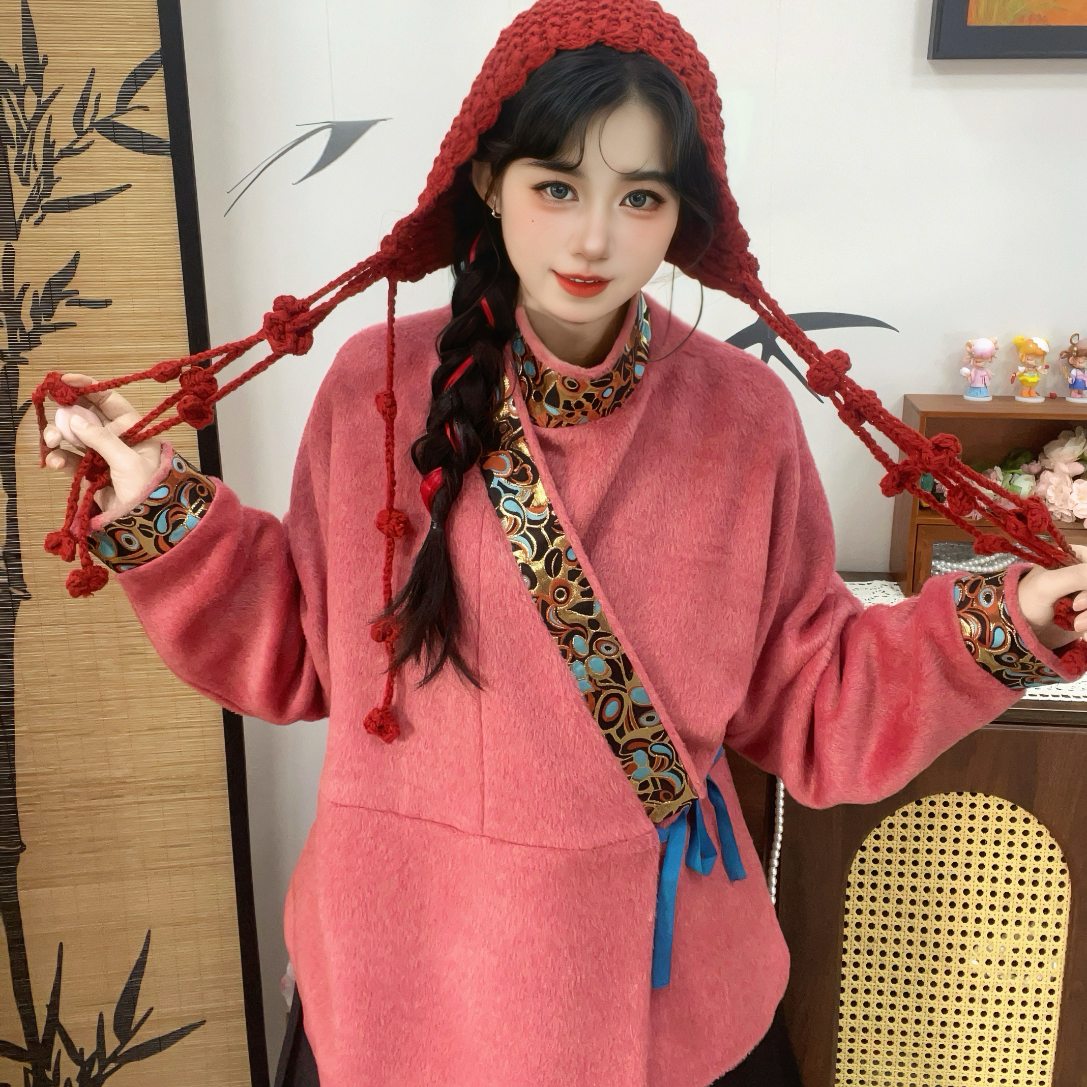 松石绿/火龙果曲领/对交穿弓袋袖