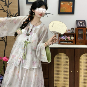 十里七巷 葡萄柚 天丝圆领衫松紧半裙套装印花原创改良通勤汉服夏