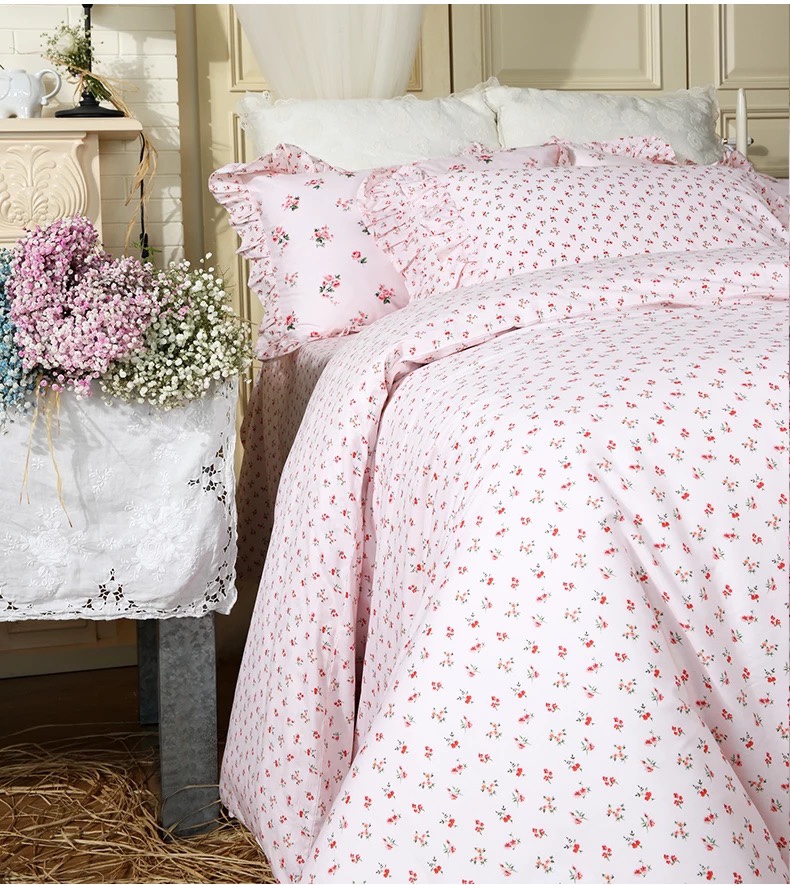 秒杀淑女屋床上用品纯棉荷叶边田园风粉蓝玫瑰花碎花床单款四件套
