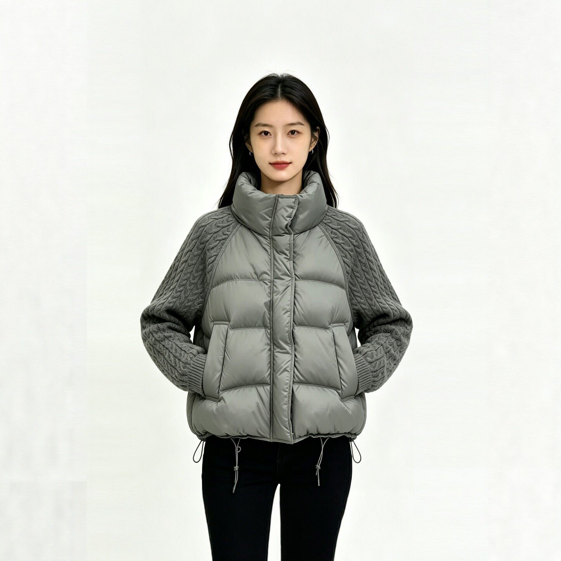 短款立领针织拼接羽绒棉服女秋冬新款加厚保暖外套韩版宽松棉衣