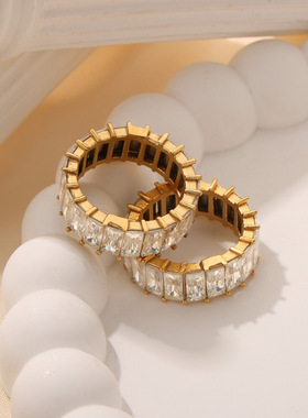 跨境轻奢风钛钢镀金镶满锆石设计戒指指环饰品批发女小众设计指环