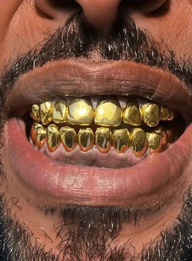 嘻哈牙套金牙Teeth grillz万圣节街头说唱闪亮光面8齿镀金跨境爆
