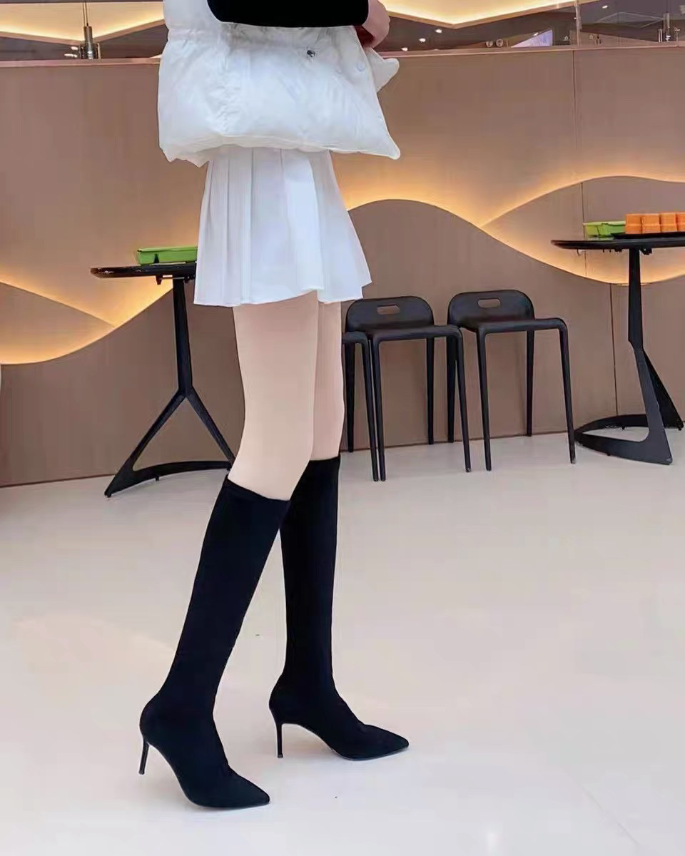 欧美长靴女秋冬季显瘦2026新款黑色尖头高跟弹力修身长靴女瘦瘦靴