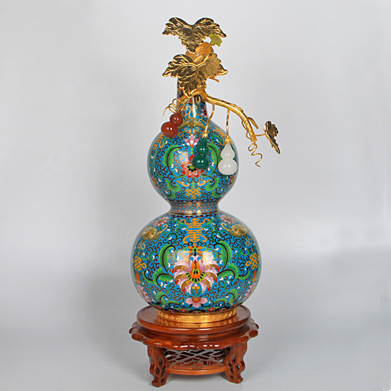 收藏精品景泰蓝福寿绵长葫芦尊金镶玉铜钱铜葫芦瓶摆件张向东作品