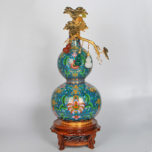 收藏精品景泰蓝福寿绵长葫芦尊金镶玉铜钱铜葫芦瓶摆件张向东作品